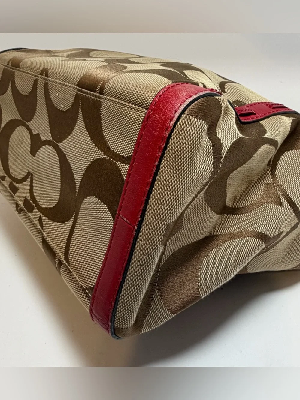 Coach Red Leather & Signature Print Tote with Plaid Interior #13005